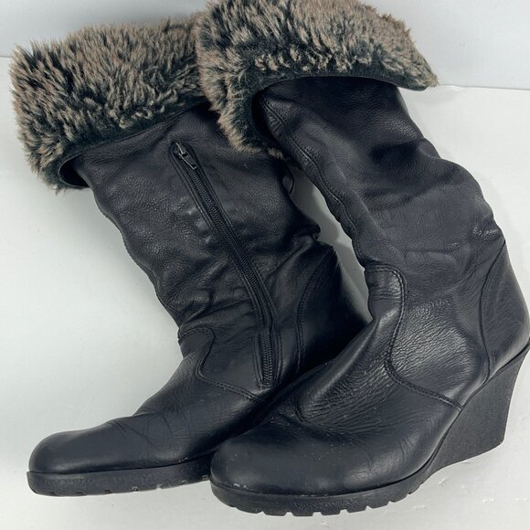 Unbranded Leather Boots Size 9.5 EU 40 Black Almond Toe Wedge Heel 3in Faux Fur - Picture 1 of 6
